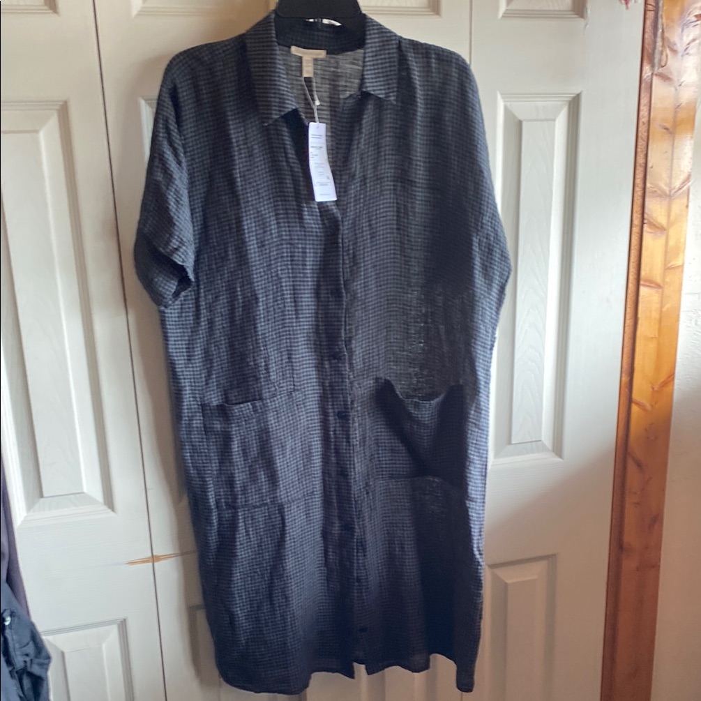 Eileen Fisher Nwt Oversized Relaxed Fit Check Organic Linen Short Sleeve Dress